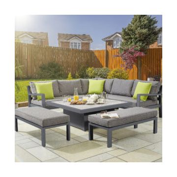 Dual Height Square Table with Corner Sofa and Two Large Benches