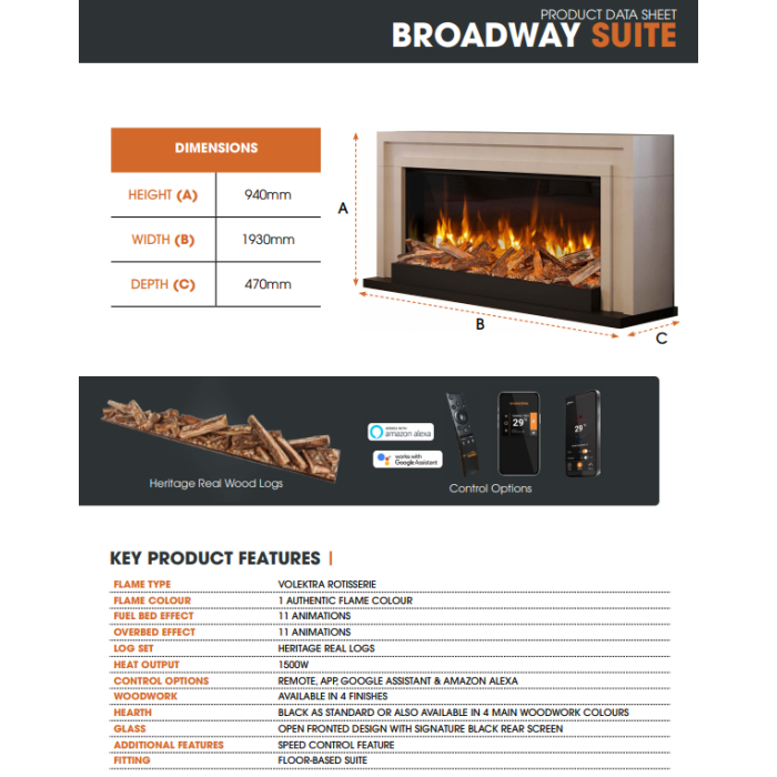 Volektra Broadway Freestanding Fireplace Suite
