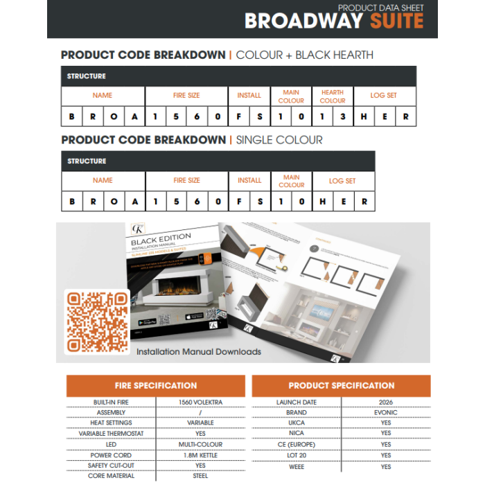 Volektra Broadway Freestanding Fireplace Suite