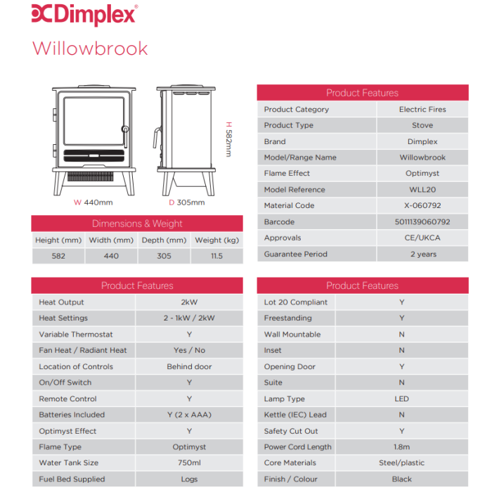 Dimplex Willowbrook Optimyst Electric Stove