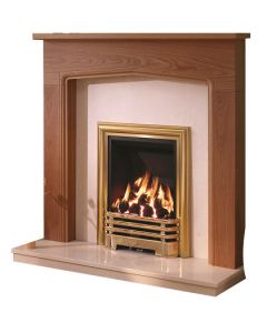 FLARE Collection By Be Modern Tudor Warm Oak Finish Surround with Manila Micro Marble Back Panel and Hearth